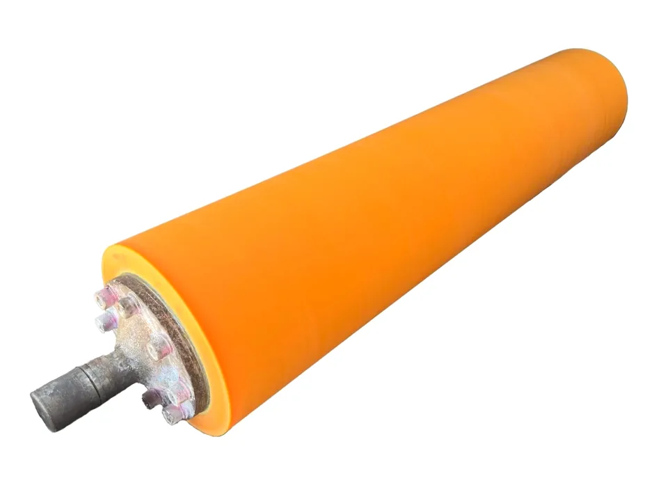 Orange polyurethane roller on a steel shaft